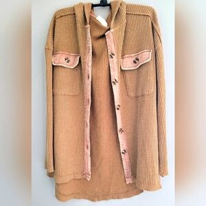 Waffle knit hooded oversized shacket with Distressed Accents.